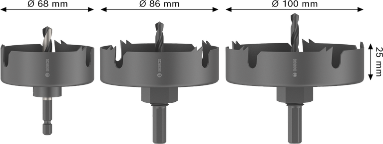 „Bosch“ medienos ir gipso kartono skylių pjūklų rinkinys, 68, 86, 100 mm.